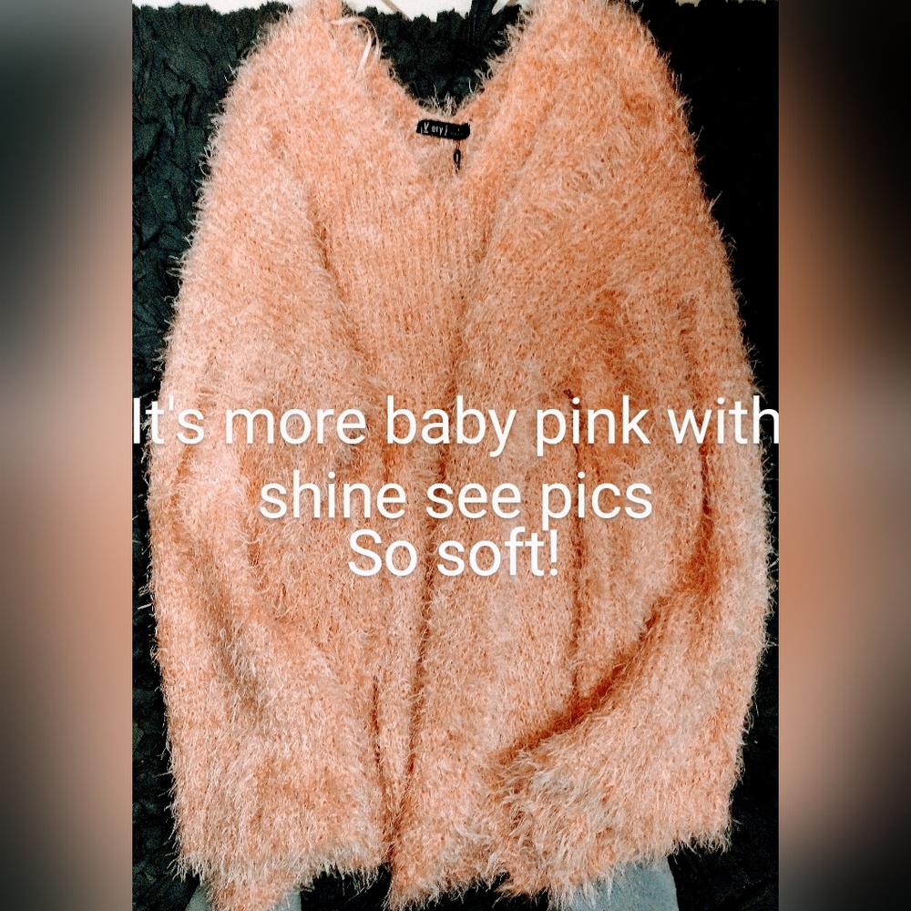 Distressed Fluffy Baby Pink Oversized Sweater/SZ L/ NWT/Vintage/Plus SZ Fit Too - Picture 2 of 14